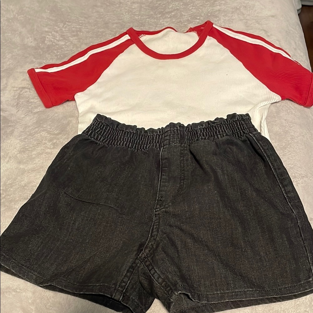 Red and White Raglan Tee with Black Shorts